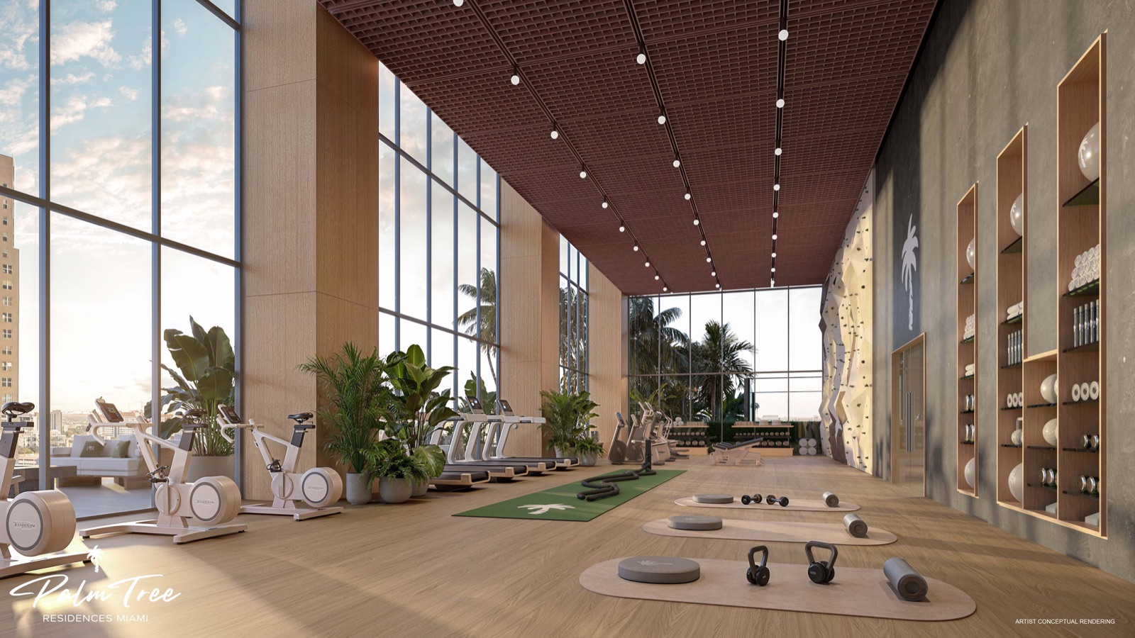 Fitness center at Palm Tree Residences Miami — state-of-the-art gym with Technogym cardio equipment, free weights, functional training turf, and a climbing wall.