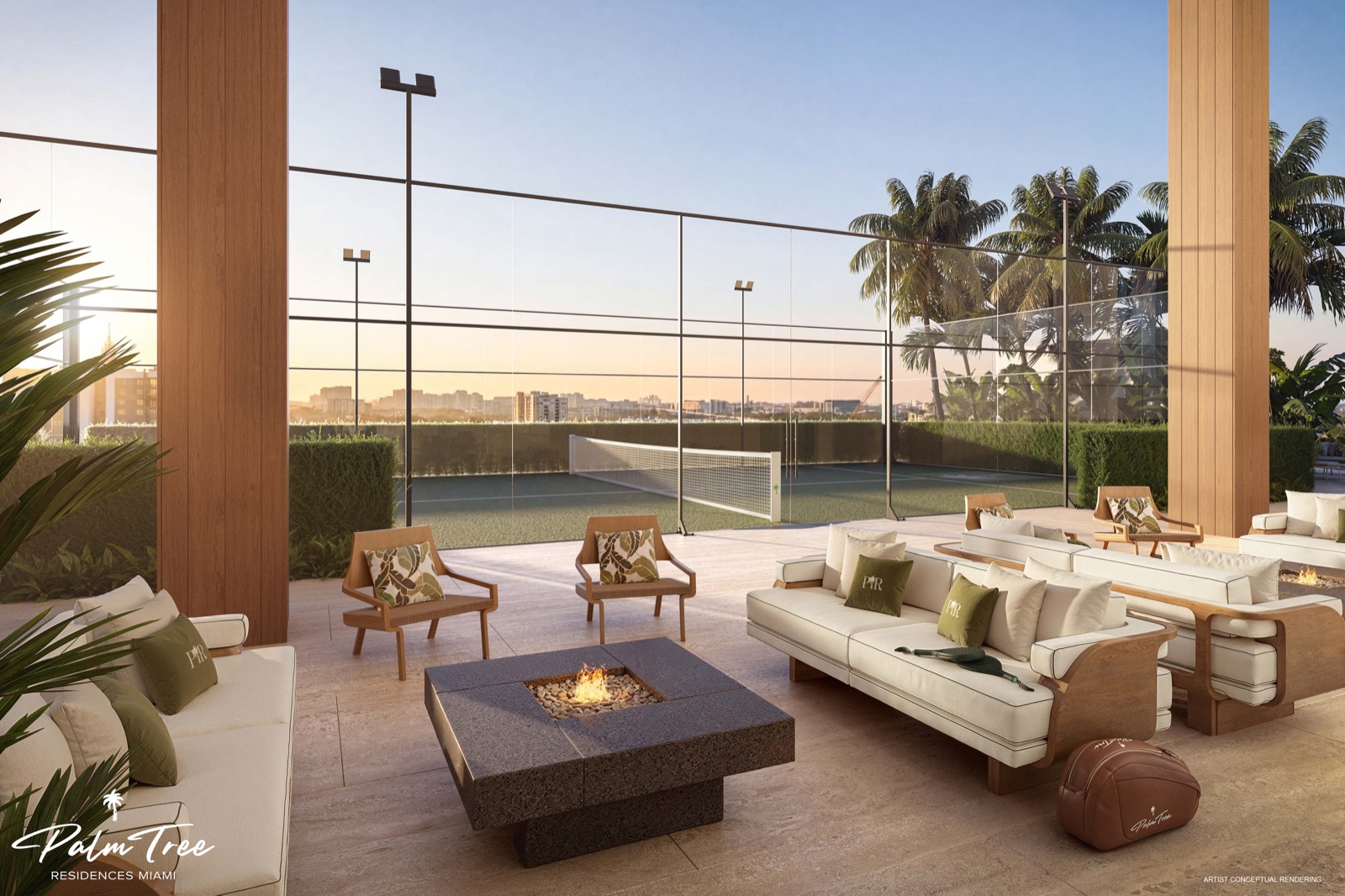 Outdoor padel court at Palm Tree Residences Miami — double padel court with sweeping Downtown Miami city views and lounge seating.