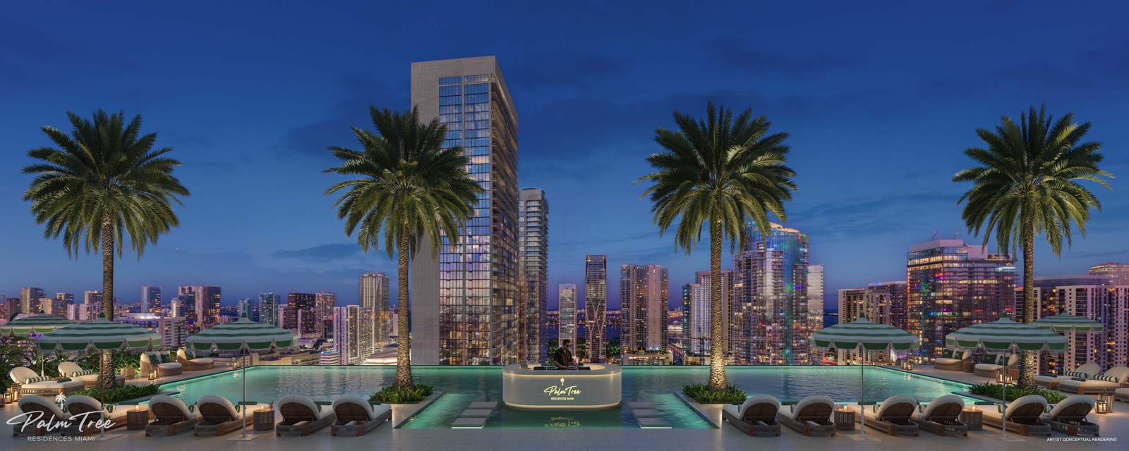 Rooftop pool deck at Palm Tree Residences Miami — Palm Tree Beach Club resort-style infinity pool with panoramic Downtown Miami views.