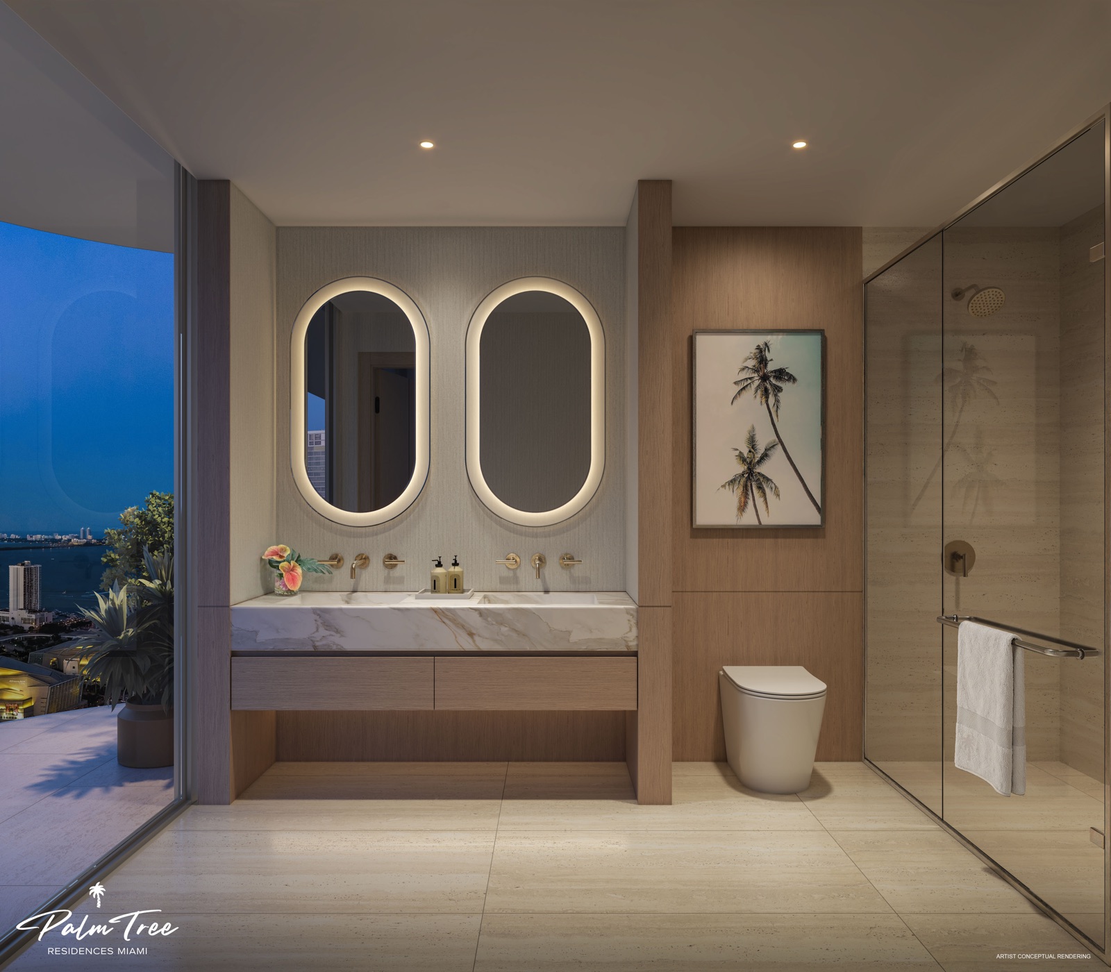 Primary bathroom at Palm Tree Residences Miami — modern spa-inspired bath with Waterworks fixtures, custom countertops, finished floors and walls in wet areas.