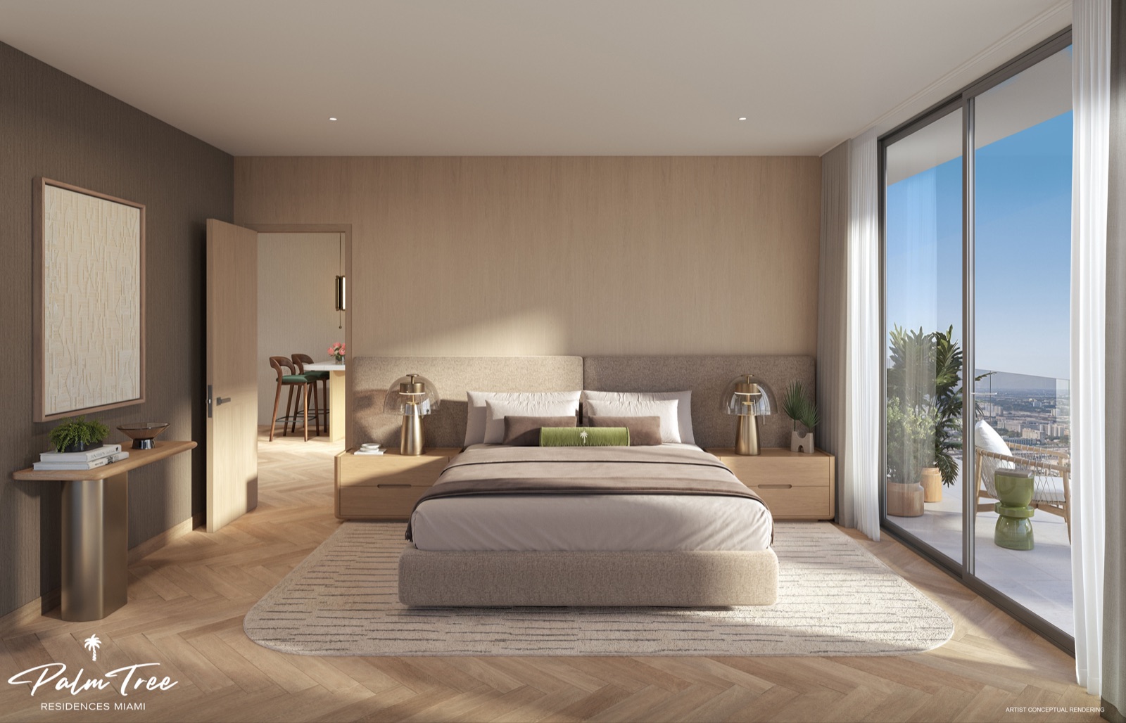 Primary bedroom at Palm Tree Residences Miami — fully furnished bedroom with built-out closets, captivating skyline views, and integrated smart-home controls.