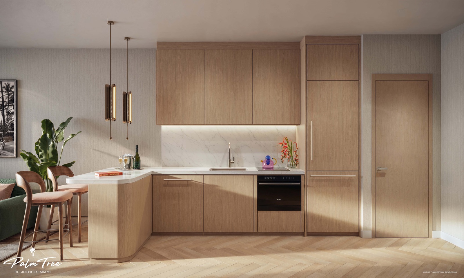 Designer kitchen at Palm Tree Residences Miami — custom Italkraft cabinetry with integrated Miele appliances, custom countertops and backsplashes, contemporary under-mount sink.