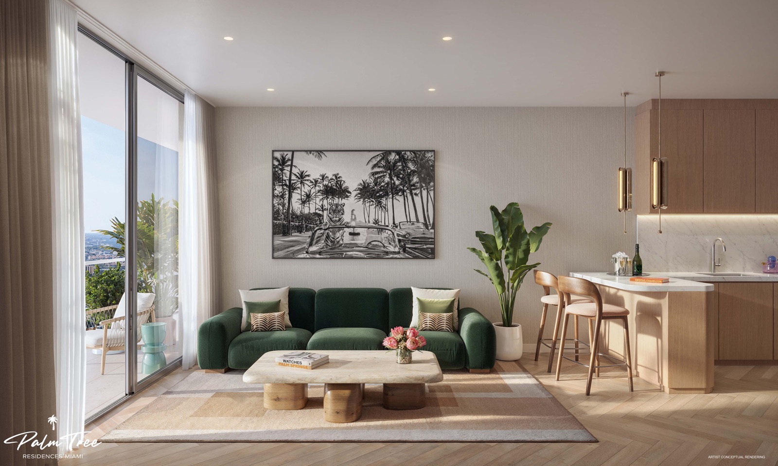Living room at Palm Tree Residences Miami — fully furnished residence with private balcony overlooking the Miami skyline, designed by Kobi Karp.